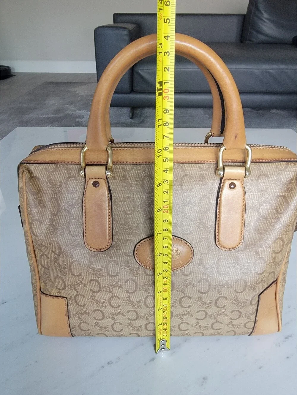 CELINE C Sulky Boston Bag Brown Tan Vintage Coated Canvas Leather